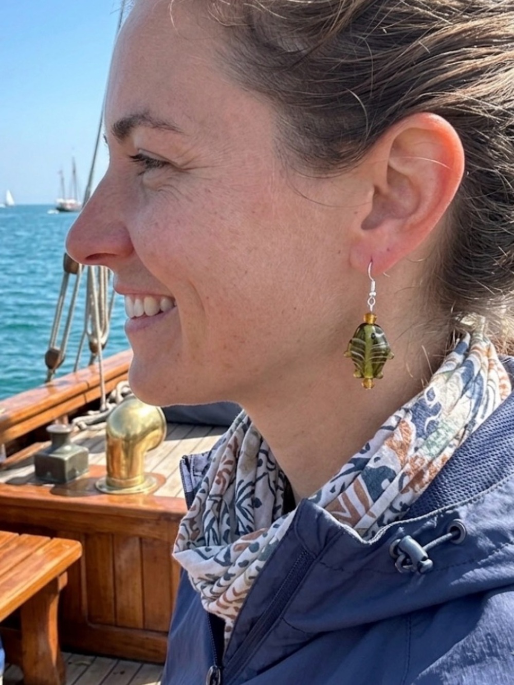 ⛱️ Green and Gold  Lamp Work Glass Fish Earrings